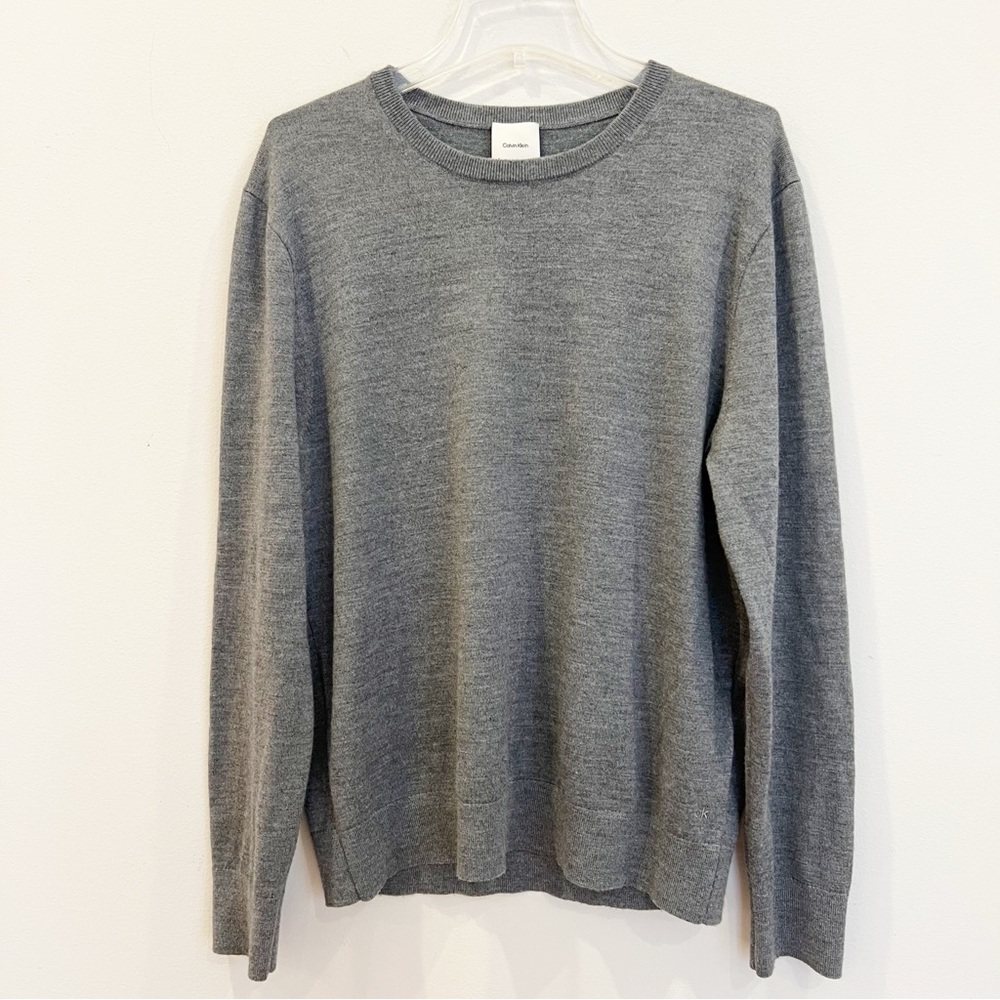 Calvin Klein Sweater Mens Large Gray Wool Blend Crewneck Classic Office Layer